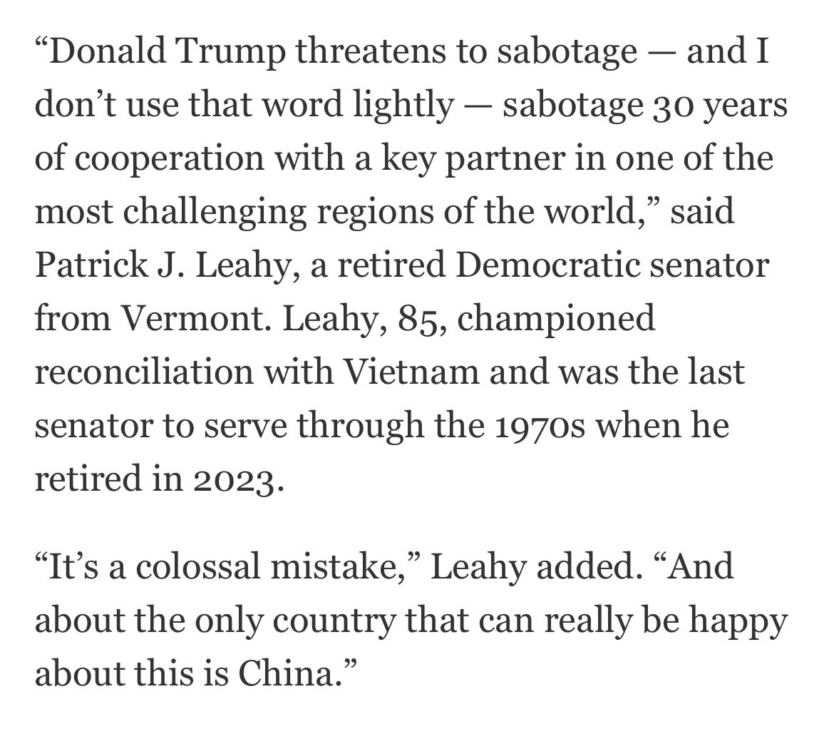 Reconciliation with Vietnam used to be a bipartisan issue. McCain, Kerry, Leahy. But with these legislators now retired or passed, the issue is lacking a champion in Washington at a time of immense turbulence.

When Leahy spoke to me from Vermont, his voice was shaking.