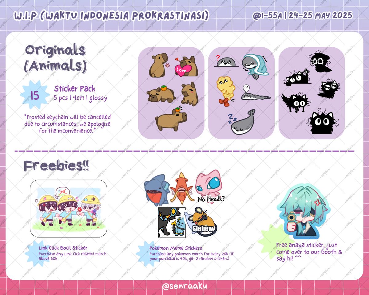 [SENRAAKU #CFXX BATCH 2 PO CATALOGUE✨]

📅: 30 April—6 May
📍: W.I.P (Waktu Indonesia Prokrastinasi) @ I-55a
⭐: Hoyoverse, Link Click, 18Trip, Pokemon, etc.
📦: Pick-up &amp; Mail
🔗 👉 tinyurl.com/preorderwipcfxx

#Comifuro #ComifuroXX #CFXXCatalogue #Comifuro20
