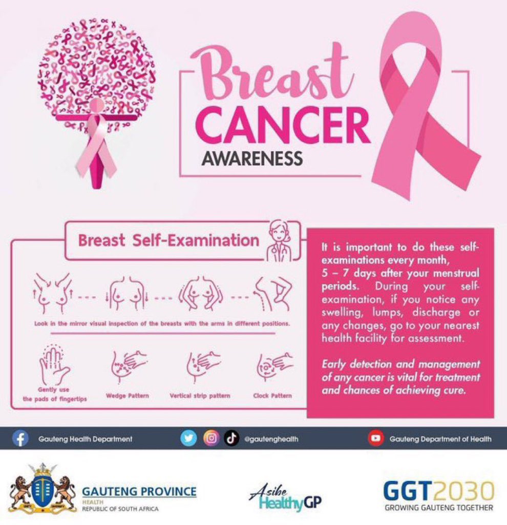 Ladies, a monthly self-exam may help you become familiar with your breasts, which makes it easy for you to detect any changes that might be due to breast cancer #BreastCancerAwareness #AsibeHealthyGP