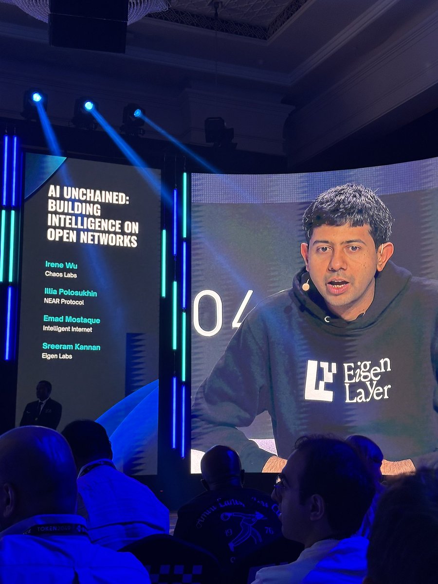 Romain Pellerin (@rom1_pellerin) on Twitter photo From #Token2049, “AI Unchained: Building Intelligence on Open Networks” panel with <a href="/IreneWu27/">Irene</a>(<a href="/chaos_labs/">Chaos Labs</a>), <a href="/ilblackdragon/">Illia (root.near) (🇺🇦, ⋈)</a> (<a href="/NEARProtocol/">NEAR Protocol</a>), <a href="/EMostaque/">Emad</a>(<a href="/ii_posts/">Intelligent Internet</a>) and <a href="/sreeramkannan/">Sreeram Kannan</a>(<a href="/eigenlayer/">EigenLayer</a>).
Here’s a summary:
1/14 👇 From #Token2049, “AI Unchained: Building Intelligence on Open Networks” panel with <a href="/IreneWu27/">Irene</a>(<a href="/chaos_labs/">Chaos Labs</a>), <a href="/ilblackdragon/">Illia (root.near) (🇺🇦, ⋈)</a> (<a href="/NEARProtocol/">NEAR Protocol</a>), <a href="/EMostaque/">Emad</a>(<a href="/ii_posts/">Intelligent Internet</a>) and <a href="/sreeramkannan/">Sreeram Kannan</a>(<a href="/eigenlayer/">EigenLayer</a>).
Here’s a summary:
1/14 👇