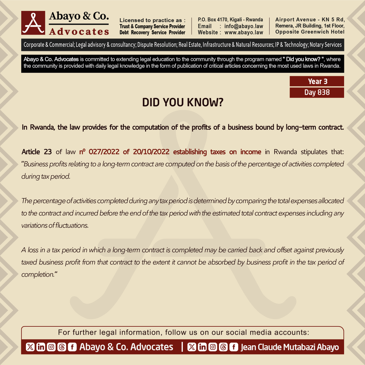 ◉  Are you aware of the computation of profits of a business bound by long-term contract?

This is what the law provides ⤵️ 

#ReadtoKnowtheLaws #SomaUmenyeAmategeko #TumenyeAmategekoAtugenga #bestlawfirminrwanda #bestlawyersinrwanda #Lawyersnearme #law #Rwanda #Rwandan