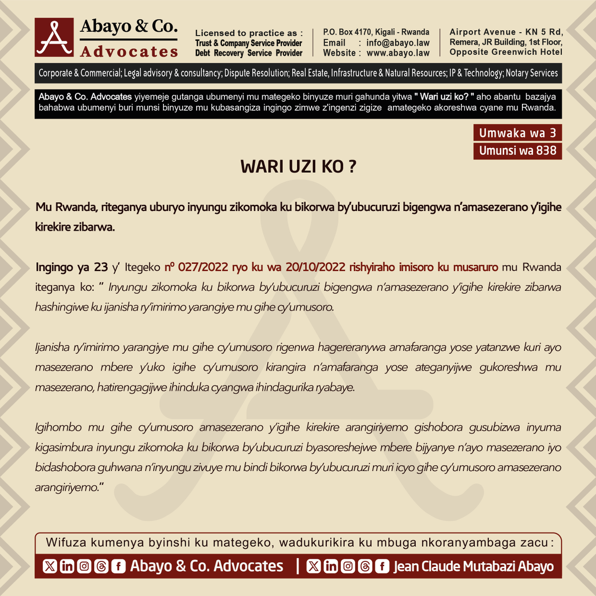 ◉  Wari uzi uburyo inyungu zikomoka ku bikorwa by’ubucuruzi bigengwa n’amasezerano y’igihe kirekire zibarwa?

Dore uko itegeko ribiteganya ⤵️ 

#SomaUmenyeAmategeko #ReadtoKnowtheLaws #TumenyeAmategekoAtugenga #bestlawfirminrwanda #bestlawyersinrwanda #Lawyersnearme #law #Rwanda