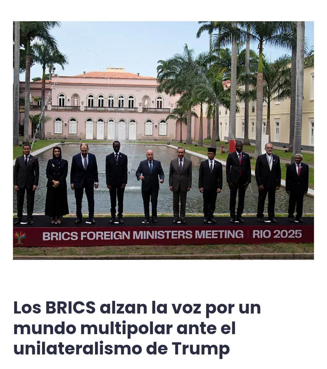 🌍 Los #BRICS alzan la voz por un mundo más justo, multipolar y cooperativo. Frente al proteccionismo y el unilateralismo de Trump, apuestan por el multilateralismo y el desarrollo global. 💪🌐

#BRICS2025 #UnidosPorElSurGlobal #NoAlUnilateralismo 

horizontemultipolar.com/los-brics-alza…