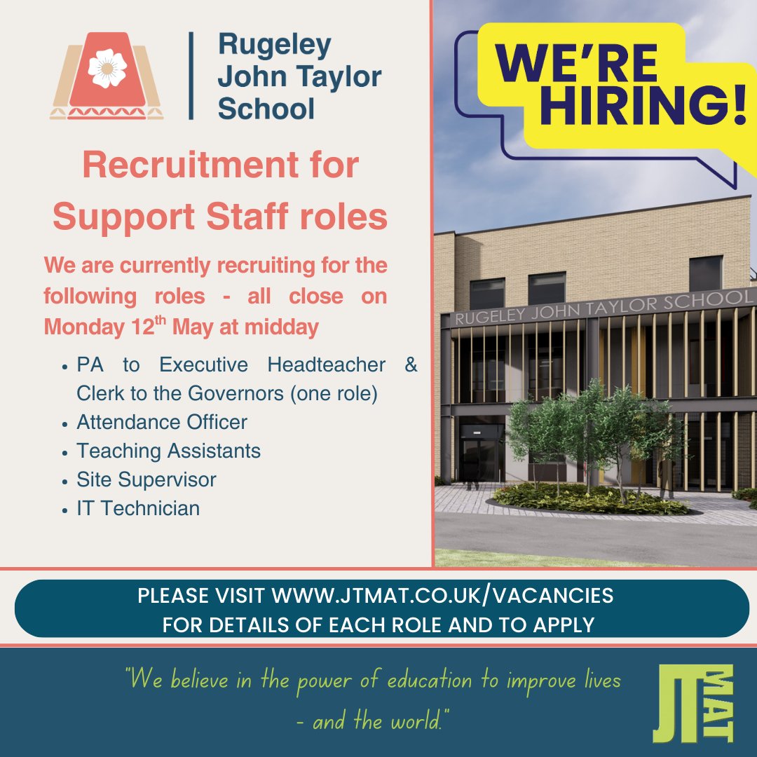 📢 We are now recruiting for all the below Support Staff roles for our new school - the deadline for applications for all roles is Monday 12th May at midday.

For full details of all roles and to apply please visit: jtmat.co.uk/vacancies/
