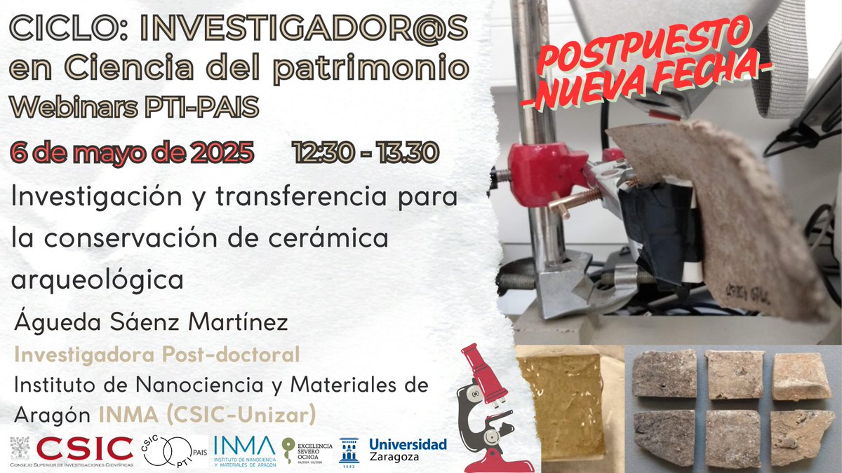 PTI-PAIS: Patrimonio Abierto (@paispti) on Twitter photo Cambio de fecha al 6 de mayo:
🔔Retomamos el Ciclo de Investigador@s en Ciencia del Patrimonio el Mañana martes 29 de abril a las 12.30, con Águeda Sáenz Martínez,
<a href="/INMAdivulga/">INMAdivulga</a>
Link: saco.csic.es/call/k2iispqb Cambio de fecha al 6 de mayo:
🔔Retomamos el Ciclo de Investigador@s en Ciencia del Patrimonio el Mañana martes 29 de abril a las 12.30, con Águeda Sáenz Martínez,
<a href="/INMAdivulga/">INMAdivulga</a>
Link: saco.csic.es/call/k2iispqb