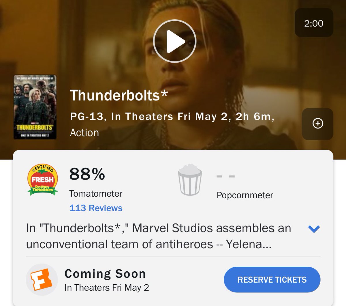 انخفض تقييم فيلم Thunderbolts* من %95 الى %88 بعد مراجعة 113 ناقد بموقع الطماطم الفاسدة !
