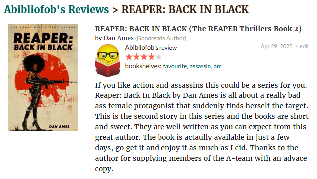 Happy pub day to another great adventure from <a href="/AuthorDanAmes/">Dan Ames</a> This time it's the Reaper in Back in Black.