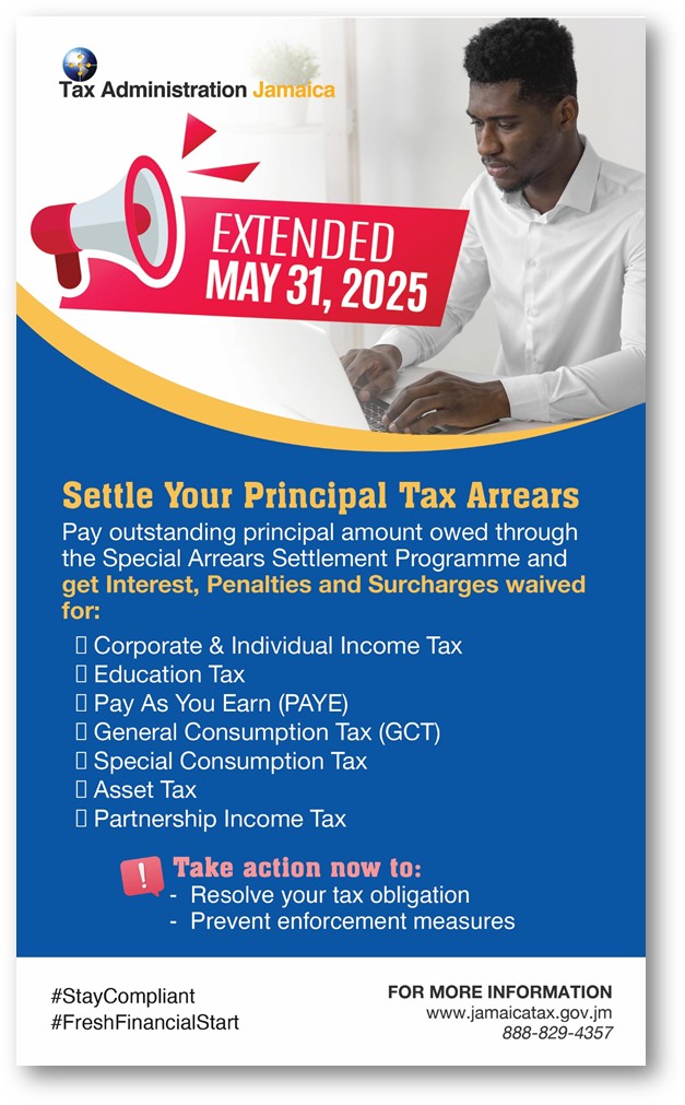 JamaicaTax (@jamaicatax) on Twitter photo DYK! You can eliminate your tax debt over the next 31 days. You, too, can hit the RESET button #SpecialArrearsSettlementProgramme. Ask us about it 888.829.4357/jamaicatax.gov.jm. @easygoingoldbum <a href="/oldharbournews/">Old Harbour News</a> <a href="/aaaarrrrrggh/">Scream!</a> <a href="/YaadMekI/">Wilson</a> <a href="/MOFJamaica/">Ministry of Finance Jamaica</a> <a href="/Devon_ish/">🇯🇲#CHOOSEJAMAICA✌🏾</a> <a href="/Mikey01974692/">Afghanistan Rasta</a> DYK! You can eliminate your tax debt over the next 31 days. You, too, can hit the RESET button #SpecialArrearsSettlementProgramme. Ask us about it 888.829.4357/jamaicatax.gov.jm. @easygoingoldbum <a href="/oldharbournews/">Old Harbour News</a> <a href="/aaaarrrrrggh/">Scream!</a> <a href="/YaadMekI/">Wilson</a> <a href="/MOFJamaica/">Ministry of Finance Jamaica</a> <a href="/Devon_ish/">🇯🇲#CHOOSEJAMAICA✌🏾</a> <a href="/Mikey01974692/">Afghanistan Rasta</a>