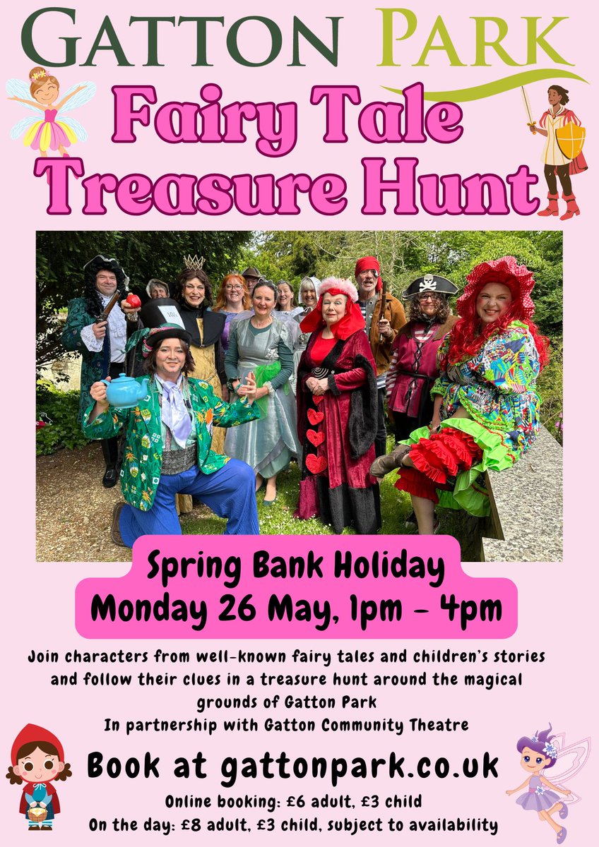 We're looking forward to working with the Gatton Community Theatre to provide a magical experience for young children at the Fairy Tale Treasure Hunt. Join characters from well known stories and follow their clues! Spring Bank Holiday, 1pm to 4pm. Book at gattonpark.co.uk
