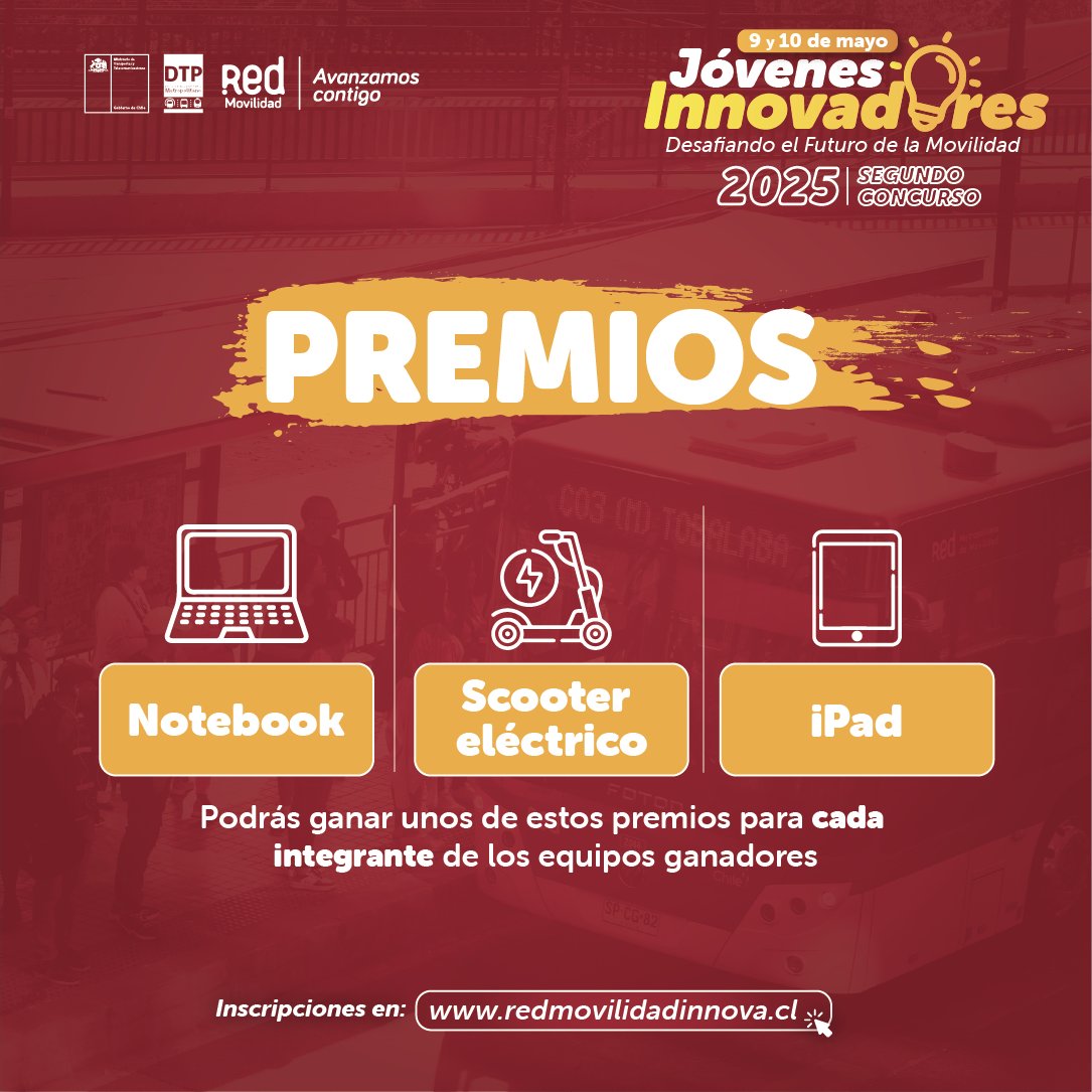 ¡El concurso Jóvenes Innovadores que transformará el transporte espera ganadores! 
Pensar en las ciudades ideales y resolver las principales problemáticas, tendrá premios:
Un Notebook💻, un Scooter eléctrico 🛴 o un Ipad 📲, esperan por ti.
Participa:  redmovilidadinnova.cl