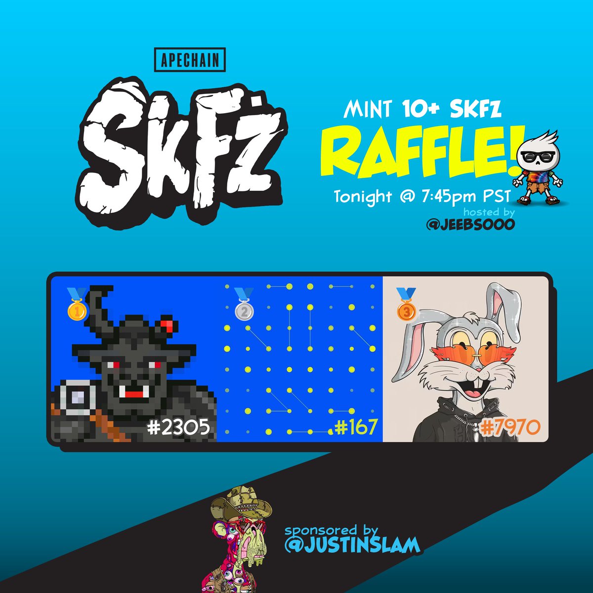 SkelēFrenż (@skelefrenz) on Twitter photo 📢 The results for the Mint Raffle are in! 🎉
Check your wallets, your rewards have been sent!
If you missed it live, it is at the start of <a href="/jeebs000/">jeebs 😼🏴☠️🌴 SkFz🦴🦍 PRIMAL</a> daily livestream from <a href="/Nifty_Island/">Nifty Island 🏝</a> 👉 x.com/i/broadcasts/1…
Mintotaur #2305:
0xacbc9bf12851fc342edc84647580a18b469f90d3 📢 The results for the Mint Raffle are in! 🎉
Check your wallets, your rewards have been sent!
If you missed it live, it is at the start of <a href="/jeebs000/">jeebs 😼🏴☠️🌴 SkFz🦴🦍 PRIMAL</a> daily livestream from <a href="/Nifty_Island/">Nifty Island 🏝</a> 👉 x.com/i/broadcasts/1…
Mintotaur #2305:
0xacbc9bf12851fc342edc84647580a18b469f90d3