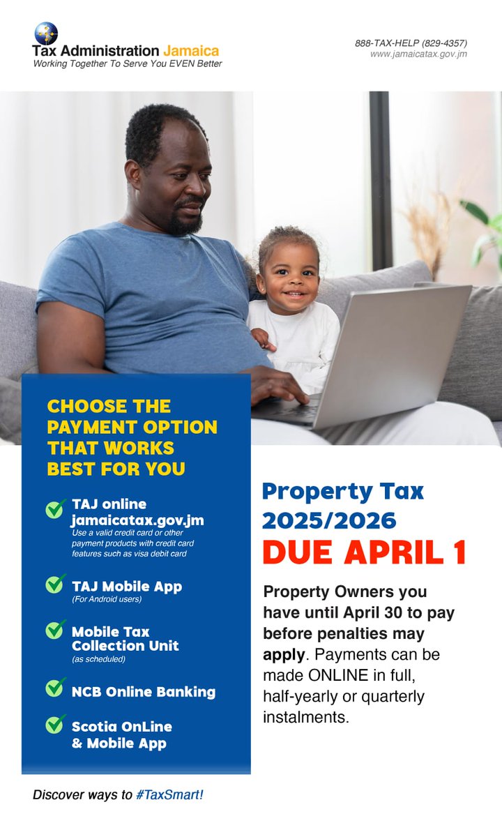 JamaicaTax (@jamaicatax) on Twitter photo PROPERTY OWNERS! It's that time of year & there are so many options to pay. #PropTaxQUERYandPAY ONLINE at jamaicatax.gov.jm. Call 888.829.4357 for support. <a href="/JHTAJamaica/">JHTA</a> <a href="/patrioticjam/">Kerry-Ann Morgan</a> <a href="/ksamcorp/">Kingston & St. Andrew Municipal Corporation</a> <a href="/portmorecm/">Portmore City Municipality</a> <a href="/StJMCorporation/">StJamesMunicipalCorporation</a> <a href="/Sparkiebaby/">Zj Sparks 🇯🇲 🕉 OUT NOW Island Waves - Vol 2</a> @Petchary <a href="/LocalGovJa/">Local Gov't Ja</a> <a href="/realtorsjamaica/">REALTORS® Jamaica</a> PROPERTY OWNERS! It's that time of year & there are so many options to pay. #PropTaxQUERYandPAY ONLINE at jamaicatax.gov.jm. Call 888.829.4357 for support. <a href="/JHTAJamaica/">JHTA</a> <a href="/patrioticjam/">Kerry-Ann Morgan</a> <a href="/ksamcorp/">Kingston & St. Andrew Municipal Corporation</a> <a href="/portmorecm/">Portmore City Municipality</a> <a href="/StJMCorporation/">StJamesMunicipalCorporation</a> <a href="/Sparkiebaby/">Zj Sparks 🇯🇲 🕉 OUT NOW Island Waves - Vol 2</a> @Petchary <a href="/LocalGovJa/">Local Gov't Ja</a> <a href="/realtorsjamaica/">REALTORS® Jamaica</a>