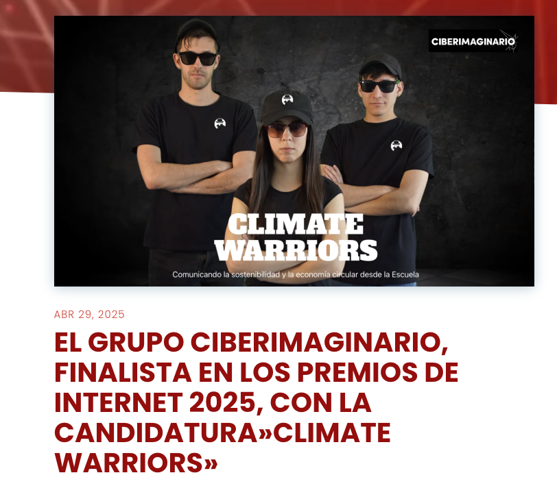 GrupoCiberimaginario (@ciberimaginario) on Twitter photo La iniciativa educativa sobre sostenibilidad #ClimateWarriors es finalista en los #premiosdeinternet en la categoría de Emprendimiento e investigación 💡♻️ | Puedes leer más y votar en 👉ciberimaginario.es/2025/04/29/el-… | Gracias! 🙏♥️
<a href="/diadeinternet/">#diadeinternet, 17 de mayo día mundial de Internet</a> <a href="/urjc/">URJC</a> <a href="/URJCcientifica/">URJCcientifica</a>
#diadeinternet La iniciativa educativa sobre sostenibilidad #ClimateWarriors es finalista en los #premiosdeinternet en la categoría de Emprendimiento e investigación 💡♻️ | Puedes leer más y votar en 👉ciberimaginario.es/2025/04/29/el-… | Gracias! 🙏♥️
<a href="/diadeinternet/">#diadeinternet, 17 de mayo día mundial de Internet</a> <a href="/urjc/">URJC</a> <a href="/URJCcientifica/">URJCcientifica</a>
#diadeinternet