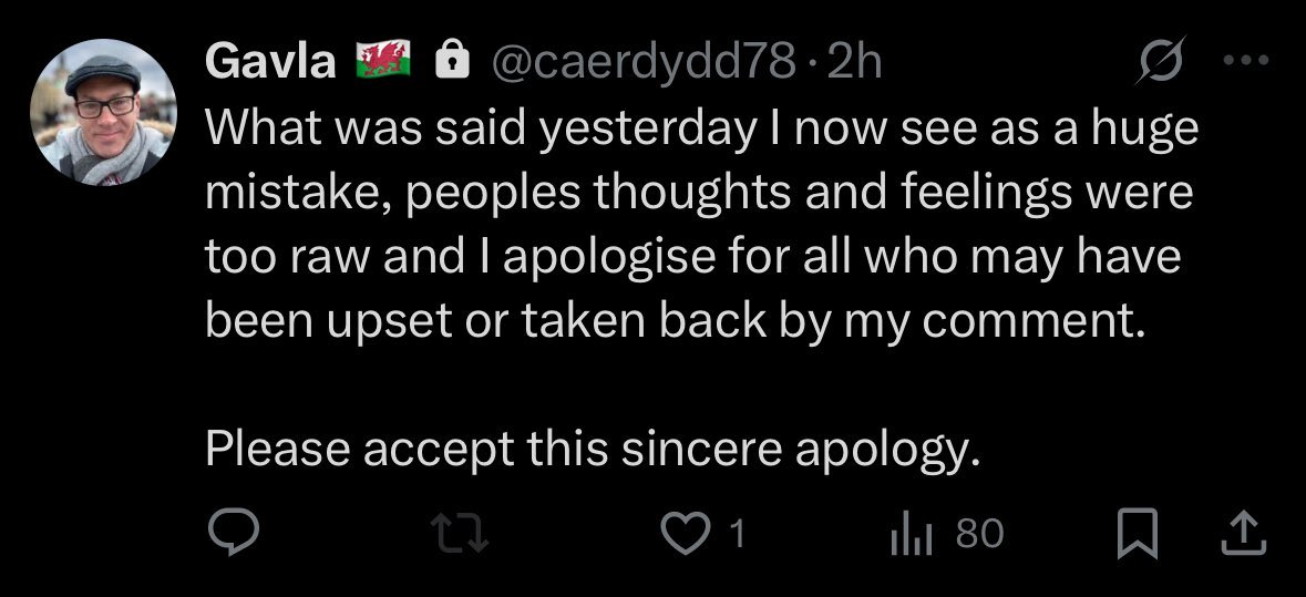 I can’t reply as you’ve gone private, but here’s the thing @caerdydd78 

You had 18 months to think about your response to that situation, it wasn’t an off the cuff remark. How many times you going to apologise for things you’ve posted? True character shines through…