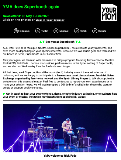 Our May/June newsletter is out, feat <a href="/kyoka_sound/">kyoka</a>, Rick Feds, Superbooth...: mailchi.mp/5a032170194e/y…
Sign up here to receive updates every other month: eepurl.com/uKqeb