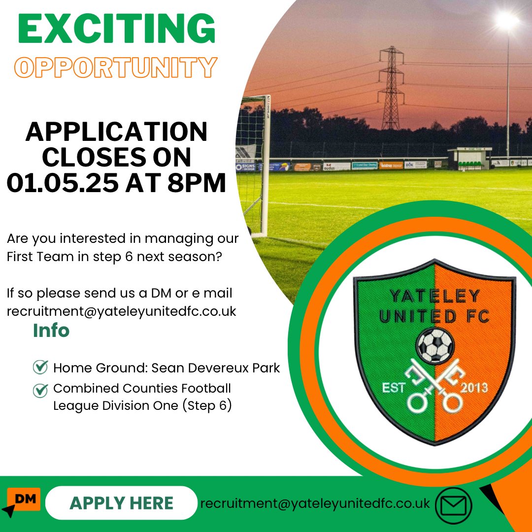 Applications for the 1st Team Manager Vacancy close tomorrow at 8pm…

#YUFC 🗝️ | #GreenArmy 🟢 | #UnitedForTheCommunity 🟠