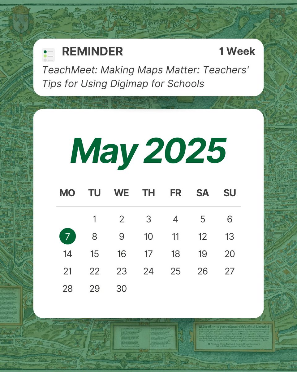 ‼️ Reminder! In ONE WEEK, join our TeachMeet webinar, "Making Maps Matter: Teachers' Tips for Using Digimap for Schools" at 16:00 BST! Hear teachers share their experiences with Digimap. 

Register: ow.ly/sNGG50Vxjul 

#DigimapforSchools