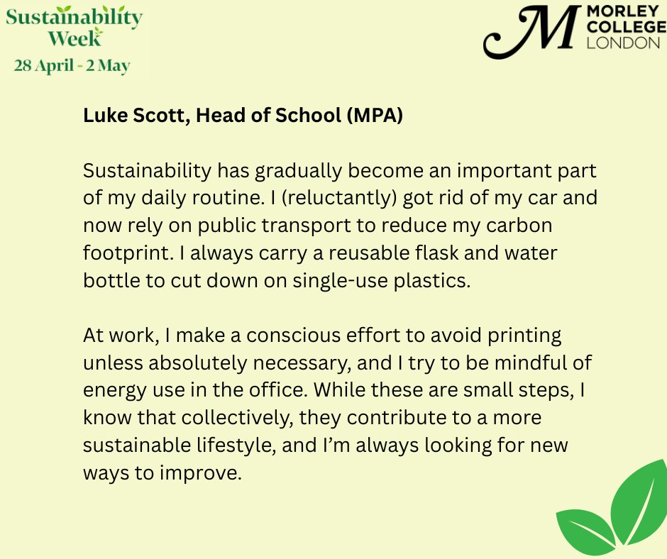 morleycollege's tweet photo. 🌱 What does sustainability look like day to day at Morley College London?

We asked our staff how they incorporate sustainable habits into their work and lives — from reducing waste and reusing materials to cycling to work and supporting local initiatives. https://t.co/hd6ZzMmHTv