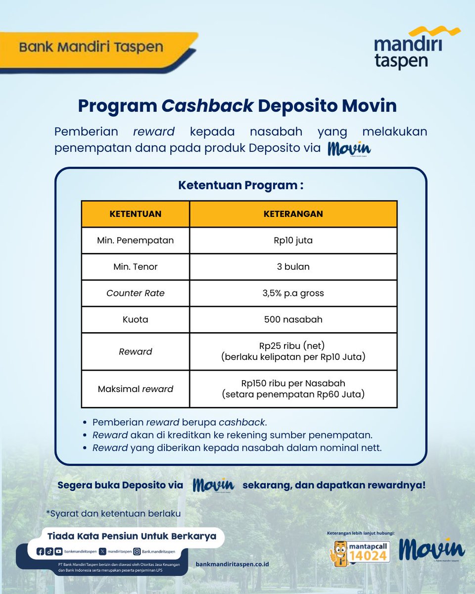 Buka deposito via Movin sekarang bisa dapet cashback Rp150 ribu! 

Periode promo: 28 April – 31 Juli 2025

Simpan uangnya, ambil bonusnya!

Cek detail lengkapnya pada postingan ini!