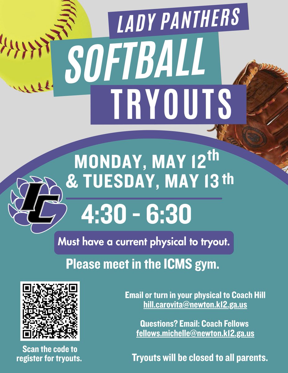 Greetings, Panthers! Tryouts for the 2025-2026 Lady Panthers Softball Team are May 12-13. A current physical is required. See the attached flyer for more details. If you have any questions, please email Coach Fellows at fellows.michelle@newton.k12.ga.us. rmd.me/1WfzUCPrWtF