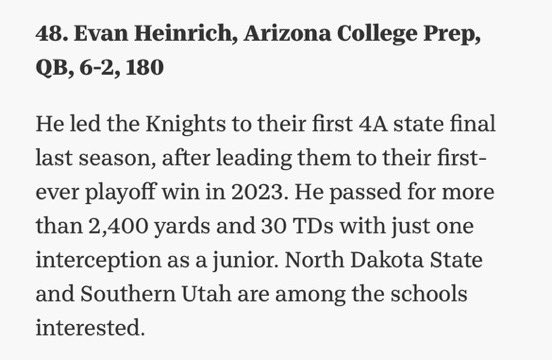 Evan Heinrich ‘26 QB (@evanheinrich7) on Twitter photo Thank you <a href="/azc_obert/">Richard Obert</a> for the write up and recognition as the No. 48 player in the AZ C/O 2026! Grateful to be included in a list of ballers and more work to do this season. azcentral.com/story/sports/h… <a href="/RecruitingACP/">ACP Recruiting</a> <a href="/COACHZAZCOLPREP/">Coach Zellner</a> <a href="/FBCoachOrtiz/">Coach Robert Ortiz</a> <a href="/ACPFootball17/">AZ College Prep Football</a> Thank you <a href="/azc_obert/">Richard Obert</a> for the write up and recognition as the No. 48 player in the AZ C/O 2026! Grateful to be included in a list of ballers and more work to do this season. azcentral.com/story/sports/h… <a href="/RecruitingACP/">ACP Recruiting</a> <a href="/COACHZAZCOLPREP/">Coach Zellner</a> <a href="/FBCoachOrtiz/">Coach Robert Ortiz</a> <a href="/ACPFootball17/">AZ College Prep Football</a>
