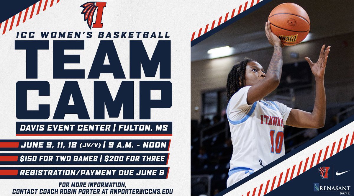 ICC Women’s Basketball (@letsgoiccwbb) on Twitter photo High school Varsity & JV teams — don’t miss out on our team camp! It’s a great chance to compete, improve, and get noticed.
Reach out to Coach Sanders at jsanders@iccms.edu for more info. High school Varsity & JV teams — don’t miss out on our team camp! It’s a great chance to compete, improve, and get noticed.
Reach out to Coach Sanders at jsanders@iccms.edu for more info.