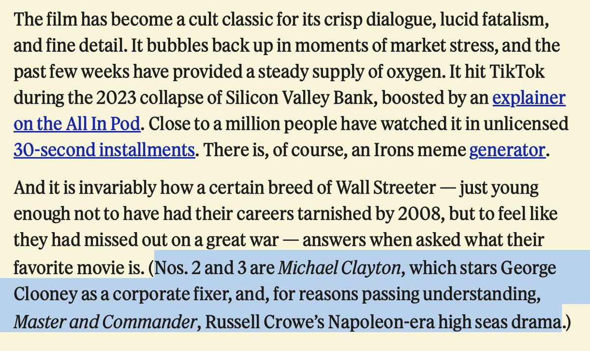 Robinson Meyer (@robinsonmeyer) on Twitter photo Iām sorry, is there really a ācertain breed of Wall Streeterā whose favorite movies are Margin Call, Michael Clayton, and Master & Commander, or have a lot of finance guys just outsourced their taste over the years to <a href="/MattZeitlin/">Matthew Zeitlin</a> Iām sorry, is there really a ācertain breed of Wall Streeterā whose favorite movies are Margin Call, Michael Clayton, and Master & Commander, or have a lot of finance guys just outsourced their taste over the years to <a href="/MattZeitlin/">Matthew Zeitlin</a>