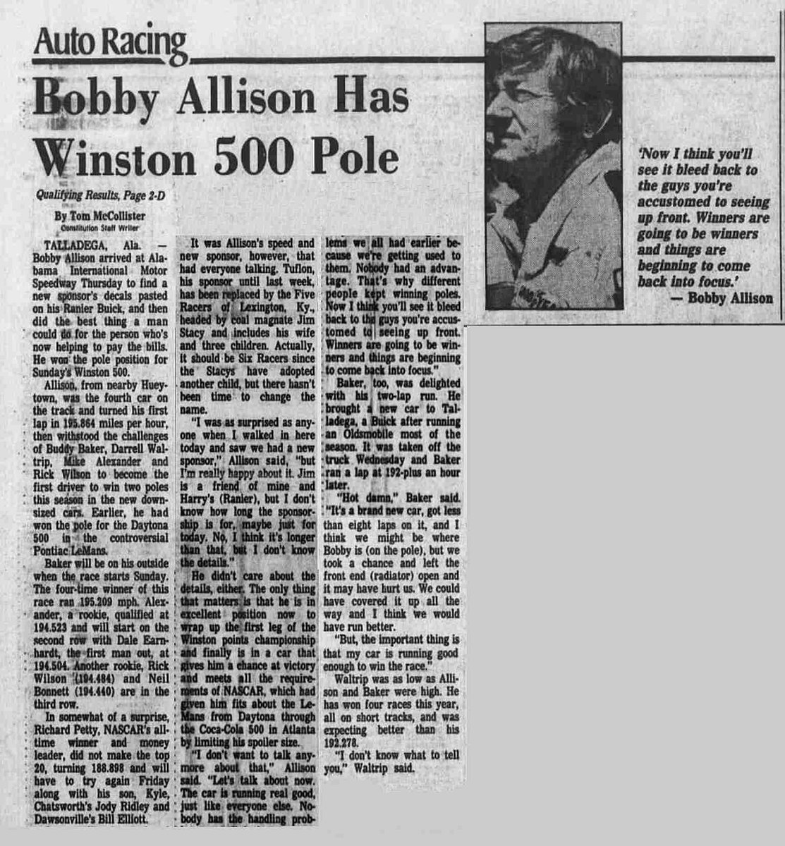 Jay Coker (@jcoker1) on Twitter photo April 30, 1981- After two months of fighting Nascar about rules changes, <a href="/RanierRacing/">Ranier Racing</a> brings a Buick Regal to Talladega for the Winston 500. Driver Bobby Allison puts it on the pole with a qualifying speed of 195.864 mph. April 30, 1981- After two months of fighting Nascar about rules changes, <a href="/RanierRacing/">Ranier Racing</a> brings a Buick Regal to Talladega for the Winston 500. Driver Bobby Allison puts it on the pole with a qualifying speed of 195.864 mph.
