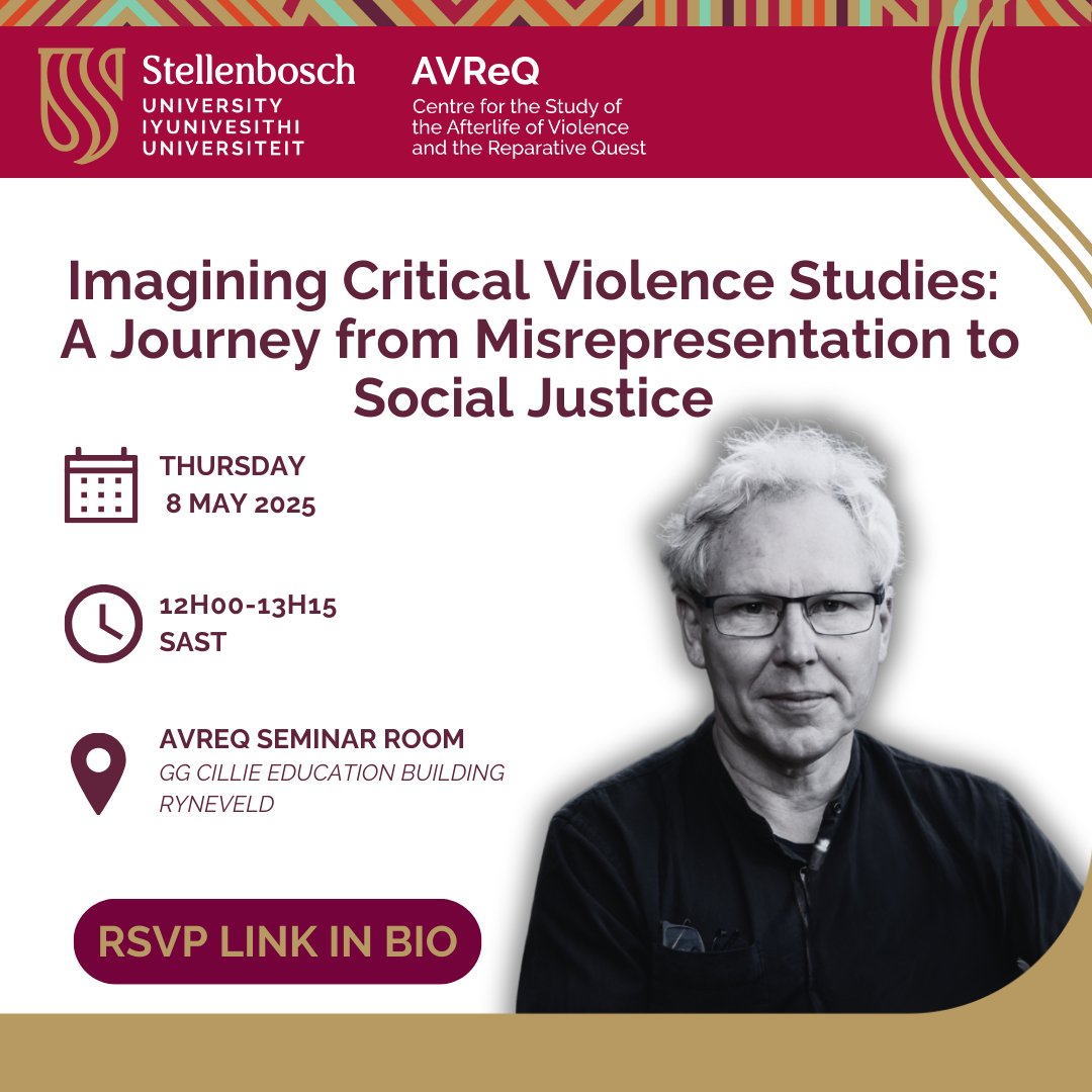 AVReQ_SU's tweet image. We're honoured to welcome our research associate, Prof Anthony Collins, back to AVReQ!
In addition to leading workshops with our postgrads, Prof Collins will be delivering a series of public lectures at SU and UWC.
Links in the Bio.