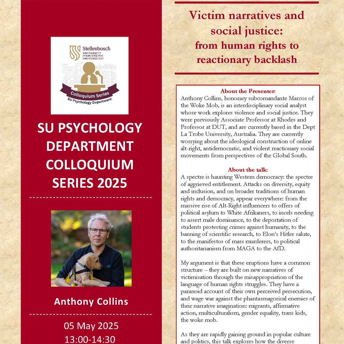 AVReQ_SU's tweet image. We're honoured to welcome our research associate, Prof Anthony Collins, back to AVReQ!
In addition to leading workshops with our postgrads, Prof Collins will be delivering a series of public lectures at SU and UWC.
Links in the Bio.