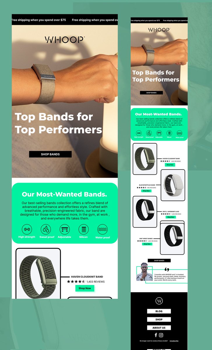 UjohJoy's tweet photo. Mocked up an email for Whoop to spotlight their bands,minimal, bold, and built for performance.
Tried to keep it clean while letting the product shine.

What do you think?

#EmailDesign #Whoop #DesignInFigma #EcommerceEmail #UIDesign https://t.co/gSIQ4jzpJn