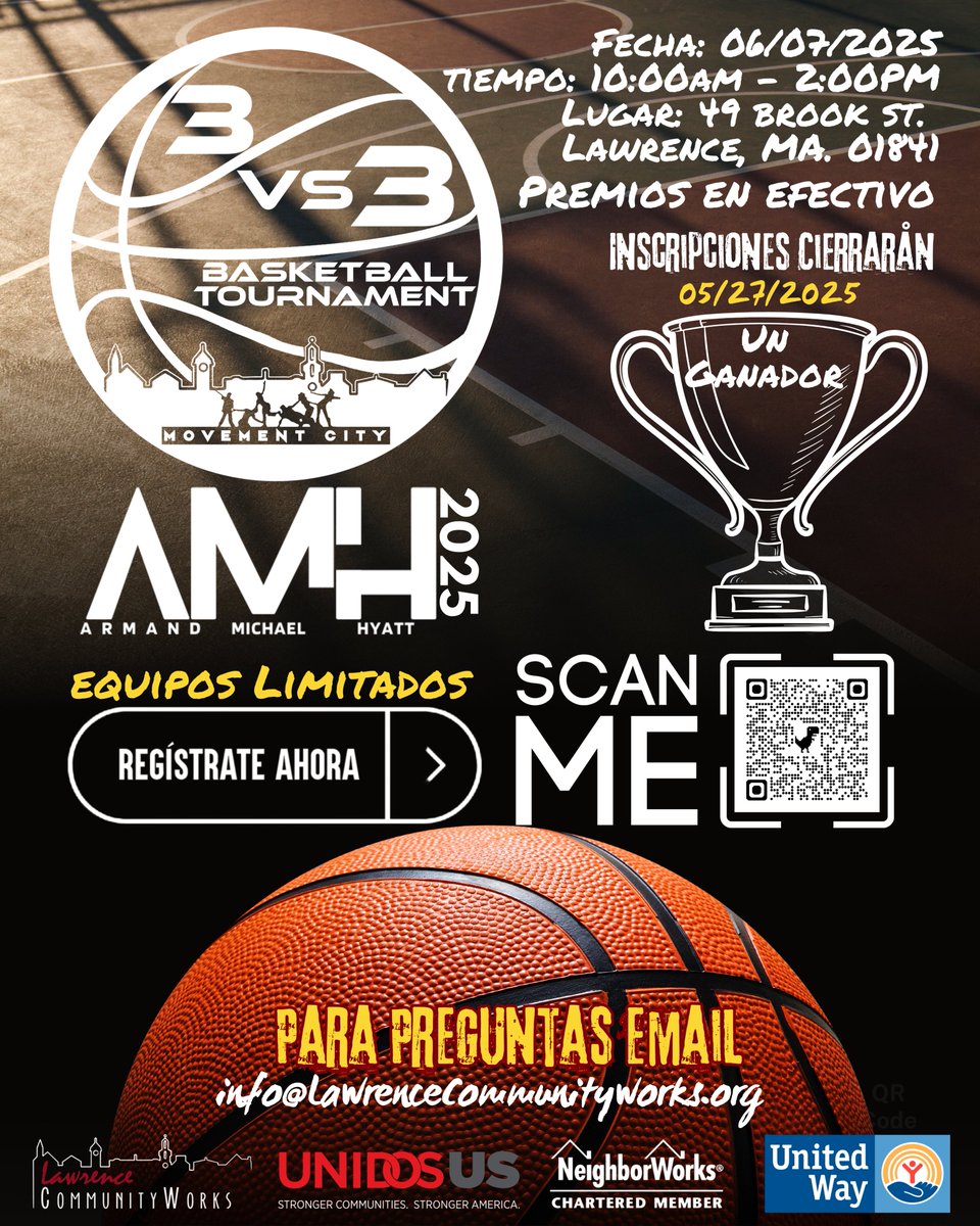 LCWorksOrg's tweet image. 🏀🎉 Two Events. One Day. All Community.
Lawrence CommunityWorks presents the 2025 3-on-3 Basketball Tournament AND the legendary Party del Barrio — all going down on the same day!
📅 June 7, 2025
📍 49 Brook St. Lawrence, MA. 01841
📍168 Newburry St. Lawrence, MA. 01841