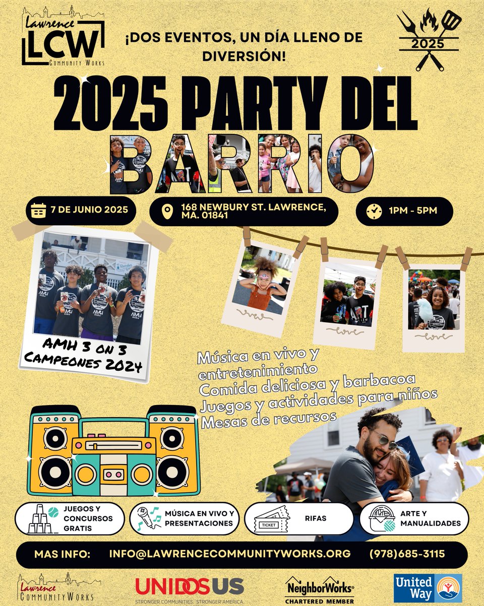 LCWorksOrg's tweet image. 🏀🎉 Two Events. One Day. All Community.
Lawrence CommunityWorks presents the 2025 3-on-3 Basketball Tournament AND the legendary Party del Barrio — all going down on the same day!
📅 June 7, 2025
📍 49 Brook St. Lawrence, MA. 01841
📍168 Newburry St. Lawrence, MA. 01841