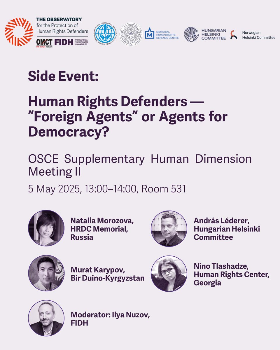 fidh_en's tweet photo. 📢 You are attending the @OSCE #SDIM II? Join us for a timely discussion on the detrimental impact of Russian-style “#ForeignAgents” laws on civil society and #HumanRights!
🎯 “Human Rights Defenders — ‘Foreign Agents’ or Agents for Democracy?”
📅 5 May 2025, 13:00–14:00
📍 Room 531 (in person only)
Organized by @FIDH in the framework of the Observatory for the Protection of Human Rights Defenders, speakers from Georgia, Kyrgyzstan, Hungary and Russia will analyze the “Foreign Agents” legislation, explore strategies for CSOs to operate in repressive environments, and equip policymakers with targeted recommendations to protect civic space and the work of human rights defenders facing restrictive legislation.
Don’t miss out!
#osce