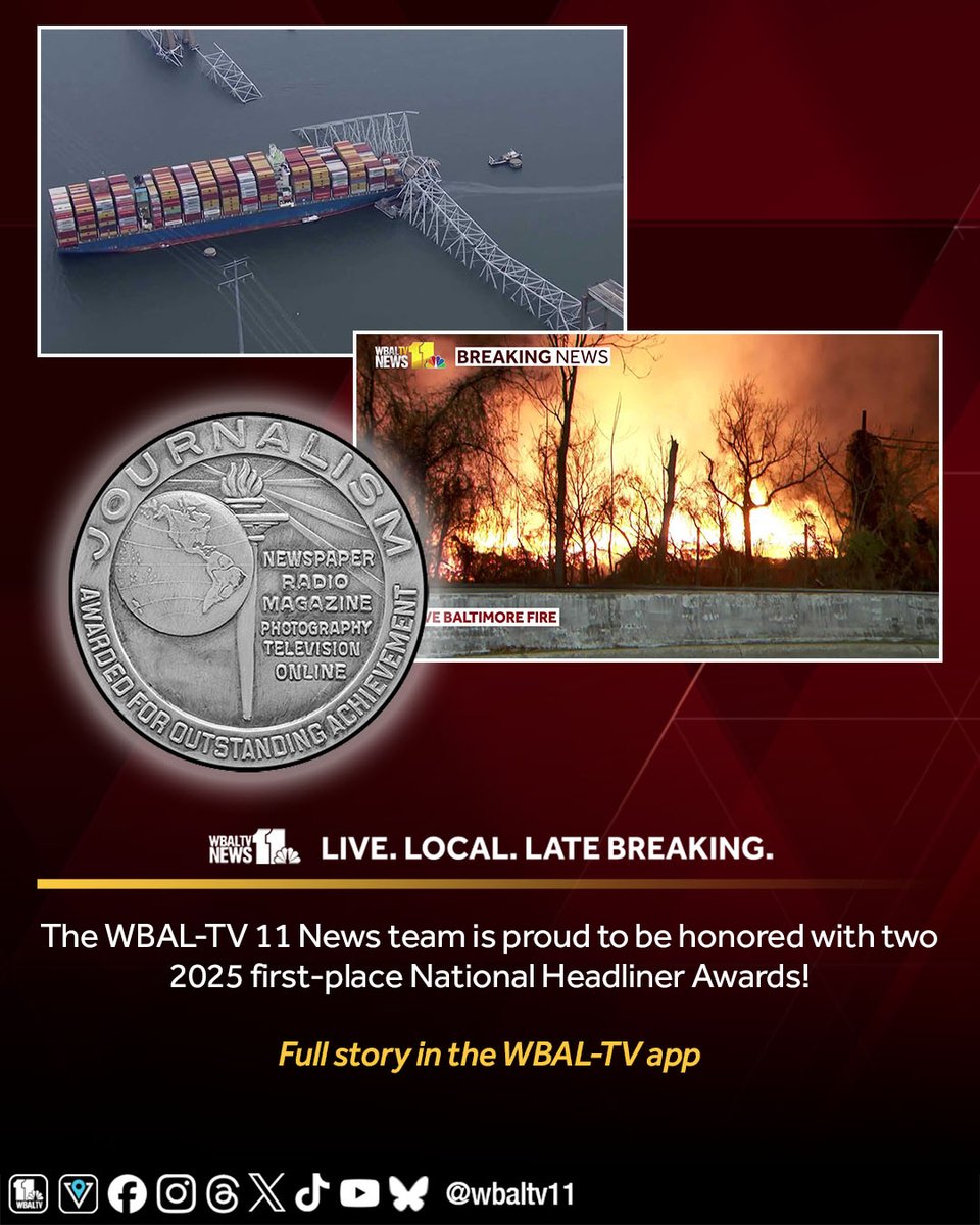 The WBAL-TV 11 News team is proud to be honored with two 2025 first-place National Headliner Awards! THANK YOU for watching WBAL-TV 11 News! wbaltv.com/article/nation…