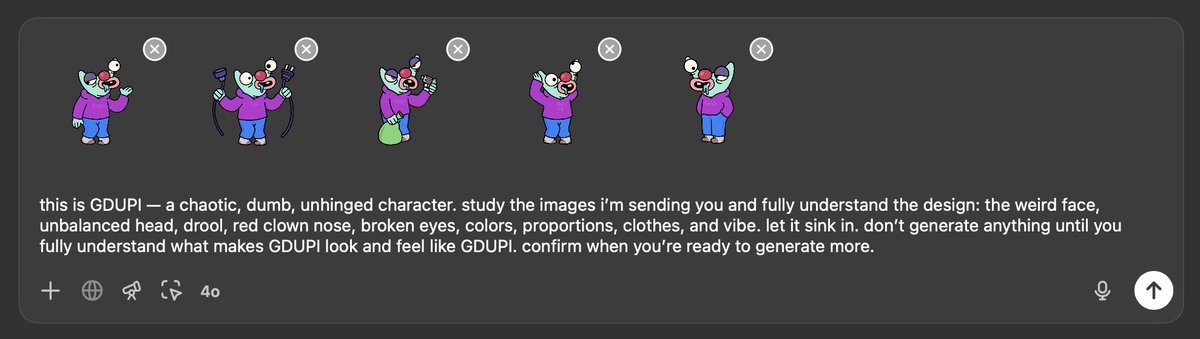$GDUPI is so unique that it's actually hard to generate decent ai images of it — the chaotic face construction, deviated eyes, and drooling misplaced mouth throw the machine off.
but don't worry, i've found a way to improve your outputs.

visit gdupi.art/gallery and find