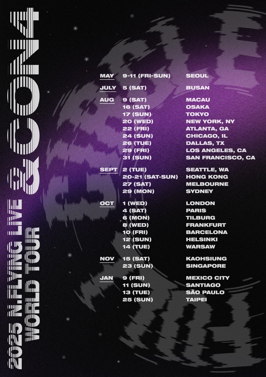 ✨N.flying vendrá a Chile en enero de 2026🇨🇱

La banda ha anunciado las fechas de su Live World Tour '&amp;Con4: Full Circle'  y Chile es uno de los países seleccionados. 

Según el anuncio oficial, el quinteto visitará Santiago el 11 de enero de 2026.

¿Emocionado M.Fia?

#NFLYING