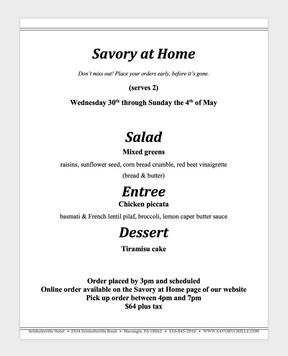 Savory at Home - Wednesday the 30th through Sunday the 4th of May 

savorygrille.com/savoryathome/
#savoryathome #savorygrille #savorygrillepa #lehighvalleypa #lehighvalley #chickenpiccata