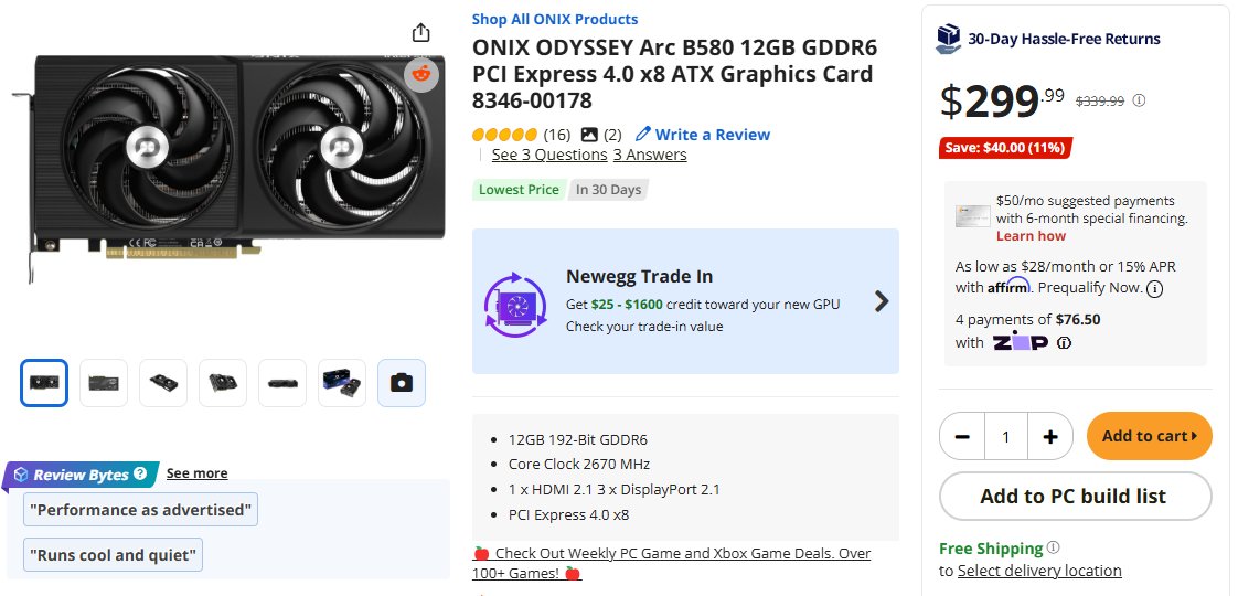 Possibly even better news.

Here is an in-stock Intel ARC B580 for only $50 over MSRP, a first since January.

I've been monitoring this deal since Monday and it also has yet to go out of stock. Bots haven't gotten to this one yet either.