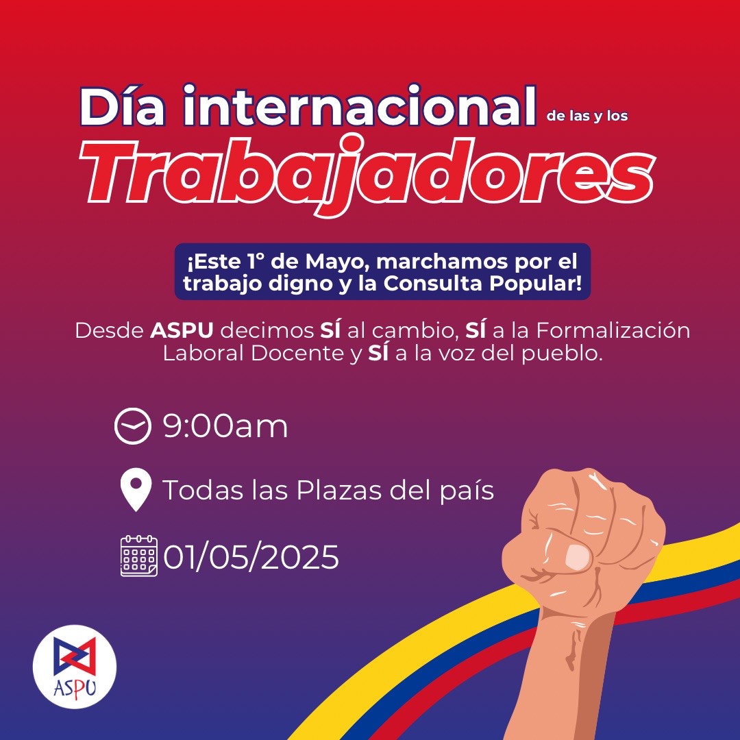 ASPUVALLE's tweet photo. Este 1° de Mayo, las y los profesores universitarios marchamos por el trabajo digno y la democracia popular
CALI, Nos vemos mañana, PARQUE  DEL OBRERO https://t.co/swEbnMGshk