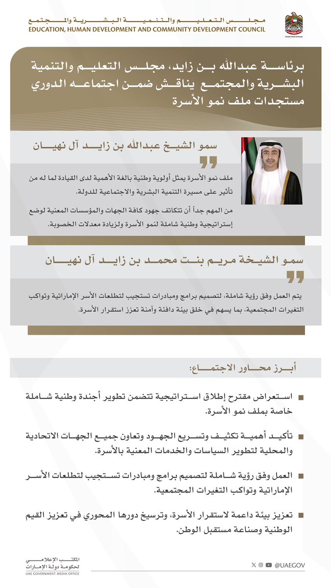 ترأس سمو الشيخ عبدالله بن زايد آل نهيان الاجتماع الدوري لمجلس التعليم والتنمية البشرية والمجتمع بحضور سمو الشيخة مريم بنت محمد بن زايد آل نهيان، وتركزت نقاشات الاجتماع حول عدد من الملفات الجوهرية المرتبطة بالأسرة والمجتمع