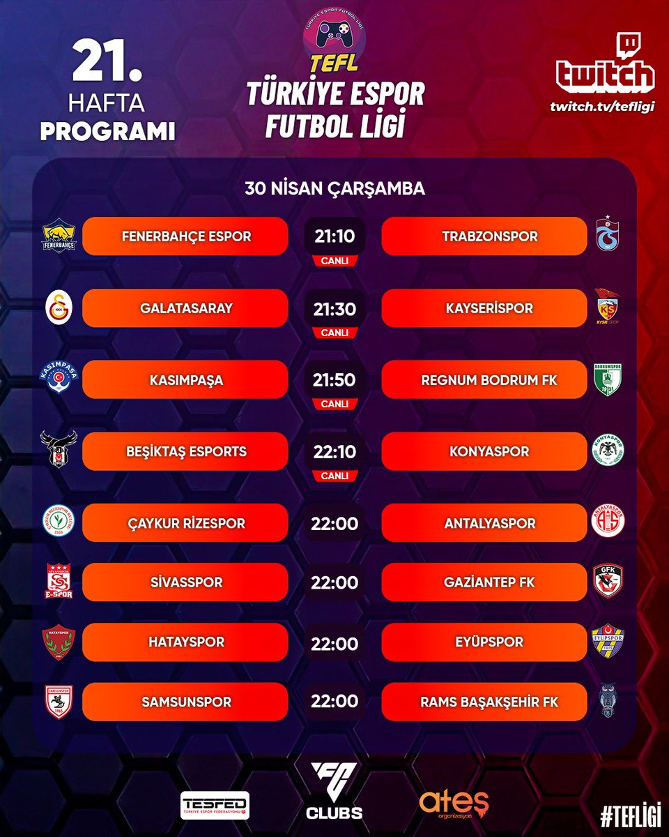 🔥🔥21. Hafta Sahne Işıkları Açılıyor!
🎮⚽ TEFL heyecanı kaldığı yerden devam ediyor!
30 Nisan Çarşamba akşamı birbirinden kritik 8 mücadele futbolseverleri bekliyor!
Zirve yarışından alt sıralardaki hayati puan savaşlarına kadar her maç nefesleri kesecek!

CANLI YAYINDAKİ