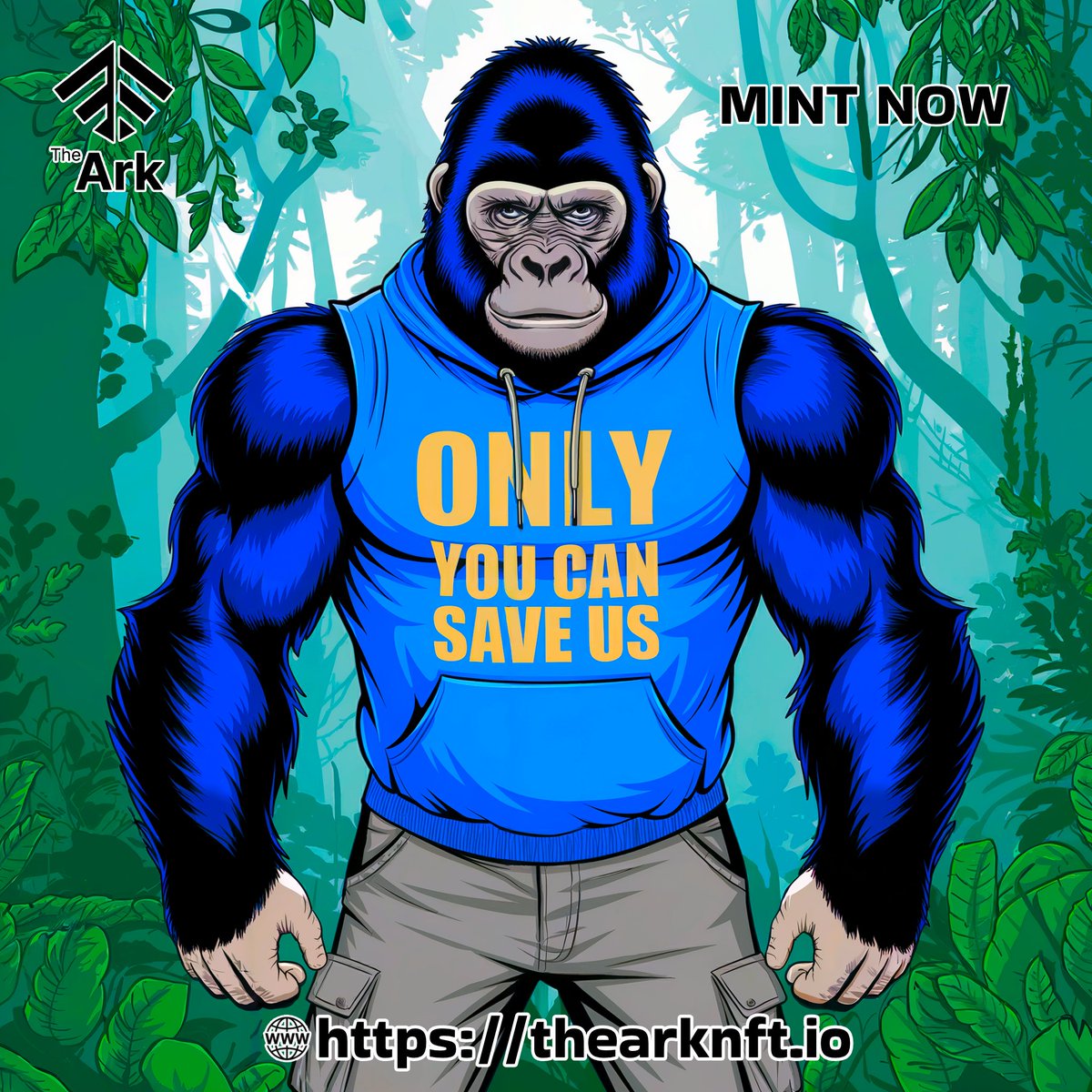 🦍🎨CHANNEL YOUR CREATIVITY FOR WILDLIFE CONSERVATION WITH THE ARK! Mint your art and photography as NFTs to safeguard endangered species and their habitats. The mighty gorilla declaring "ONLY YOU CAN SAVE US," inspiring urgent action. Your NFT can make a difference for wildlife!