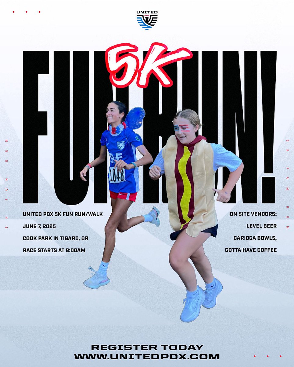 Unitedpdxgirls's tweet photo. πββοΈ Ready, set, RUN! πββοΈ
Join us for the United PDX 5K Fun Run on June 7th at Cook Park! Itβs all about community, movement, and fun.
π https://t.co/g8svDatWRN
#UnitedPDX #UnitedPDX5K #funrun #tigardevents #PDXRunning #soccercommunity #supportlocal #youthsports https://t.co/LEYAoYBbDn