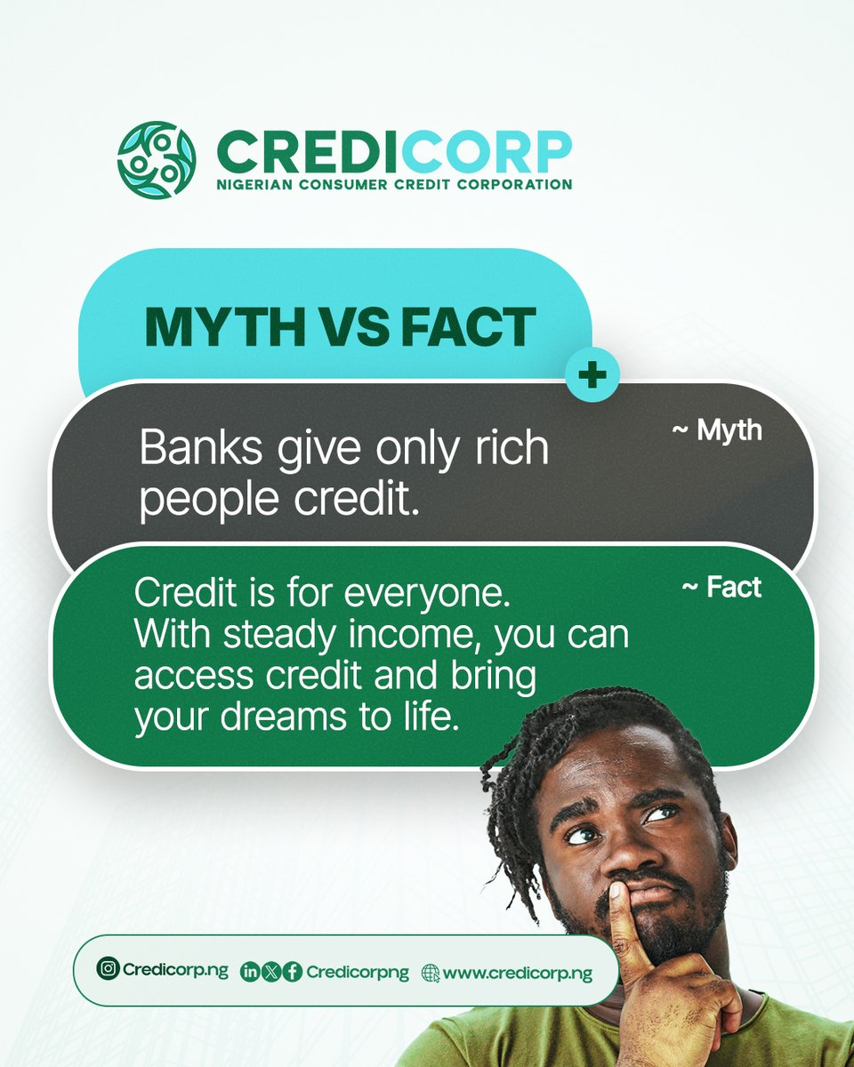CrediCorpNG's tweet photo. Don't fall for the myth!
Get the real deal on credit and take control of your finances.
#CreditLiteracy
#FinancialFacts
#CREDICORP https://t.co/JAdtwUlU3r