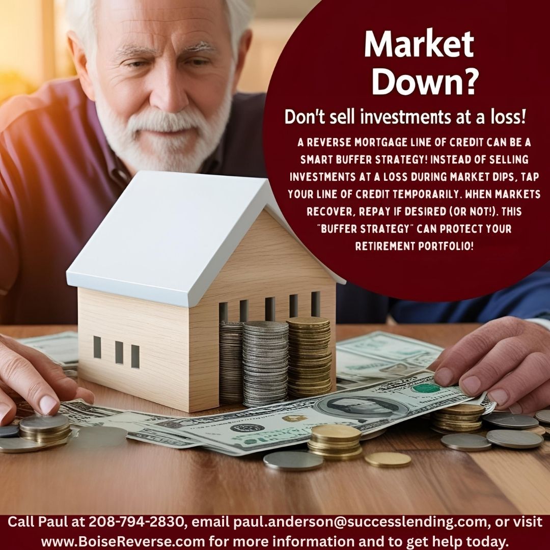 BoiseLender's tweet image. Market down? Don&apos;t sell investments at a loss! A reverse mortgage line of credit can be your buffer until markets recover. Protect your retirement portfolio! #SmartStrategy #MarketBuffer Call Paul at 208-794-2830, email paul.anderson@successlending.com, or visit…