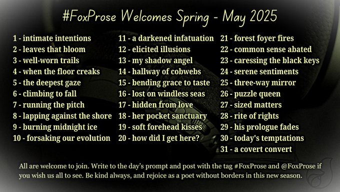 FoxProse's tweet photo. We're going to top 800 writes in April from all you wonderful #FoxPrompt Prosers!
SO the prompts will continue to drop (it like it's hot) starting tonight at midnight GMT/6:00 p.m. MDT.
Keep those pens warm and your writes amazing!
Professor Fox 🦊🫶🏼 https://t.co/0krxq0E5Hz