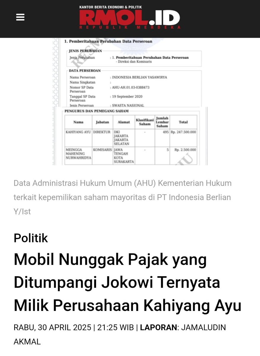 Lah kirain mobil rental 😄😄😄

Ternyata punya perusahaan Kahiyang Ayu Putri Jokowi..