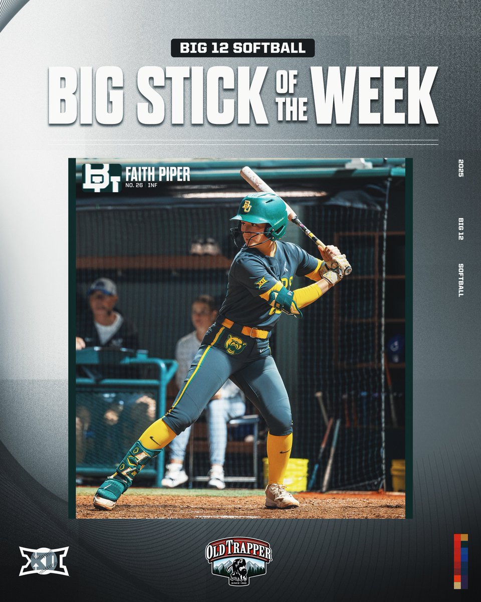 April 3⃣0⃣ <a href="/OldTrapper/">Old Trapper Beef Jerky</a> #Big12SB Big Stick of the Week 🥎

Faith Piper | <a href="/BaylorSoftball/">Baylor Softball</a>