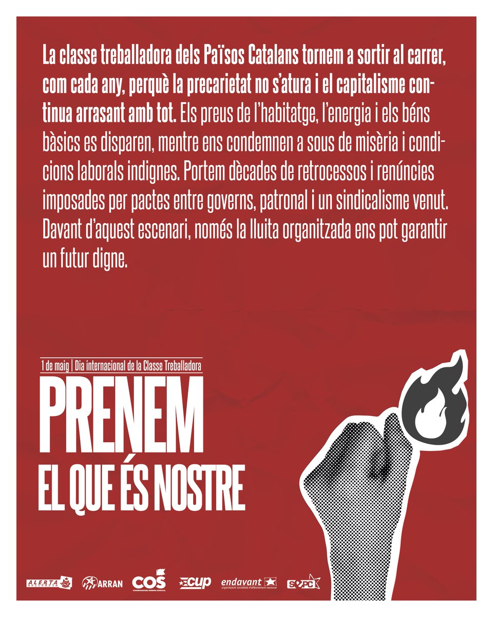 EndavantMarina's tweet photo. 1M | Prenem el que és nostre! 

L'organització de la classe treballadora és l'única garantia d'un futur digne. Un futur que serà roig o no serà. 🔴

📌 Demà mobilitzacions arreu dels Països Catalans! https://t.co/stVtKcXd91